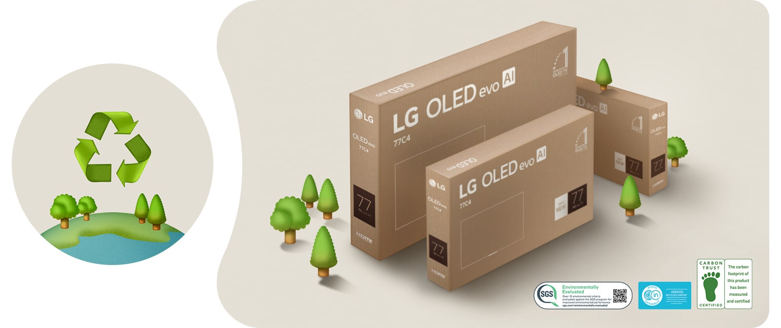 LG OLED -pakkaus beigellä taustalla, jossa on kuvitettuja puita.