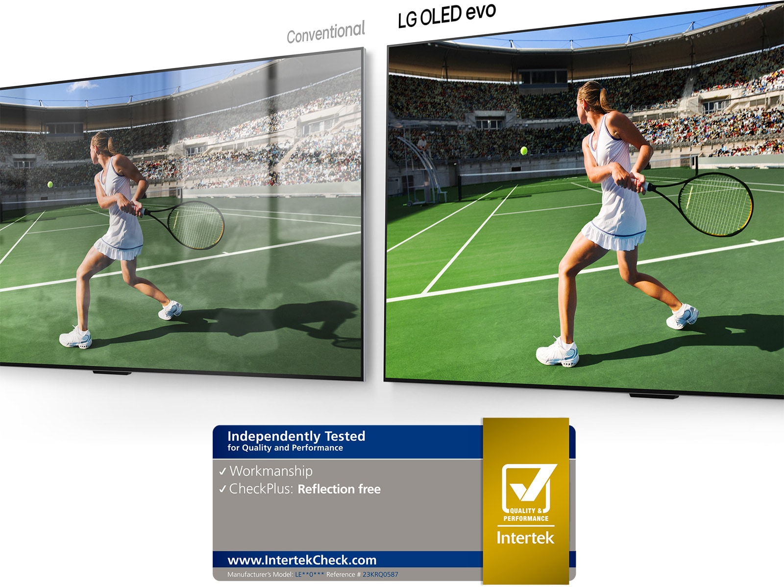 Vasemmalla on tavanomainen televisio, jossa näkyy tennispelaaja stadionilla. Huone heijastuu kuvaruudulta. Oikealla on LG OLED evo M4, jossa on sama kuva tennispelaajasta ilman huoneen heijastumista, ja kuva näyttää kirkkaammalta ja värikkäämmältä.