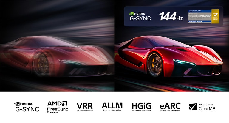 Kaksi kuvaa videopelin autosta vierekkäin. Toisessa on paljon sumeaa liikettä. Toinen on terävä ja selkeä, mikä on LG OLED TV -television korkean kuvataajuuden ansiota. Nvidia G-Sync -logo, 144Hz-logo ja Intertekin merkki 0,1 ms:n vasteajasta ja muut asiaankuuluvat sertifikaatiot ovat näkyvissä. 