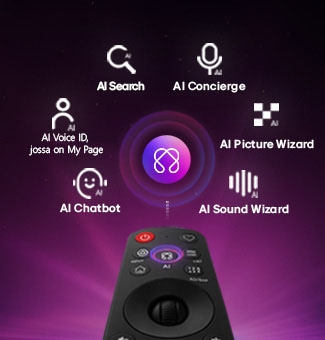LG OLED evo AI G6 sisältää AI Hubin personointia varten, ja siinä on AI-symboli kaukosäätimen yläpuolella, jota ympäröivät tarrat AI Searchille, AI Conciergelle, AI Voice ID with My Pagelle, AI Chatbotille, AI Picture Wizardille ja AI Sound Wizardille.