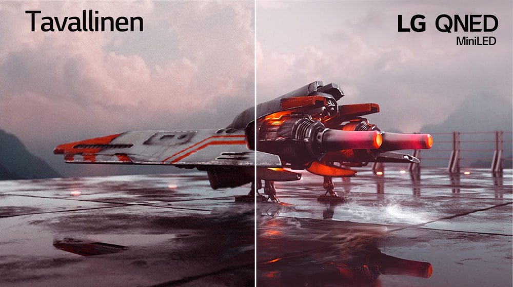 Kahtia jaetussa kuvassa on punainen hävittäjälentokone – kuvan vasen puolisko näyttää vähemmän värikkäältä ja hieman tummemmalta, kun taas kuvan oikea puolisko on kirkkaampia ja värikkäämpi. Kuvan vasemmassa yläkulmassa lukee Conventional (perinteinen) ja oikeassa yläkulmassa on LG QNED -logo.