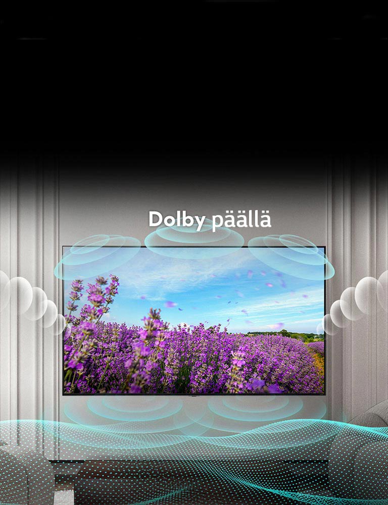 QNED-televisioruudulla näkyy vaaleanpunaisia rypsin kukintoja kesälaitumella ja keskellä olevassa tekstissä lukee "Dolby OFF". Näytön kuva kirkastuu, ja teksti muuttuu muotoon "Dolby ON".