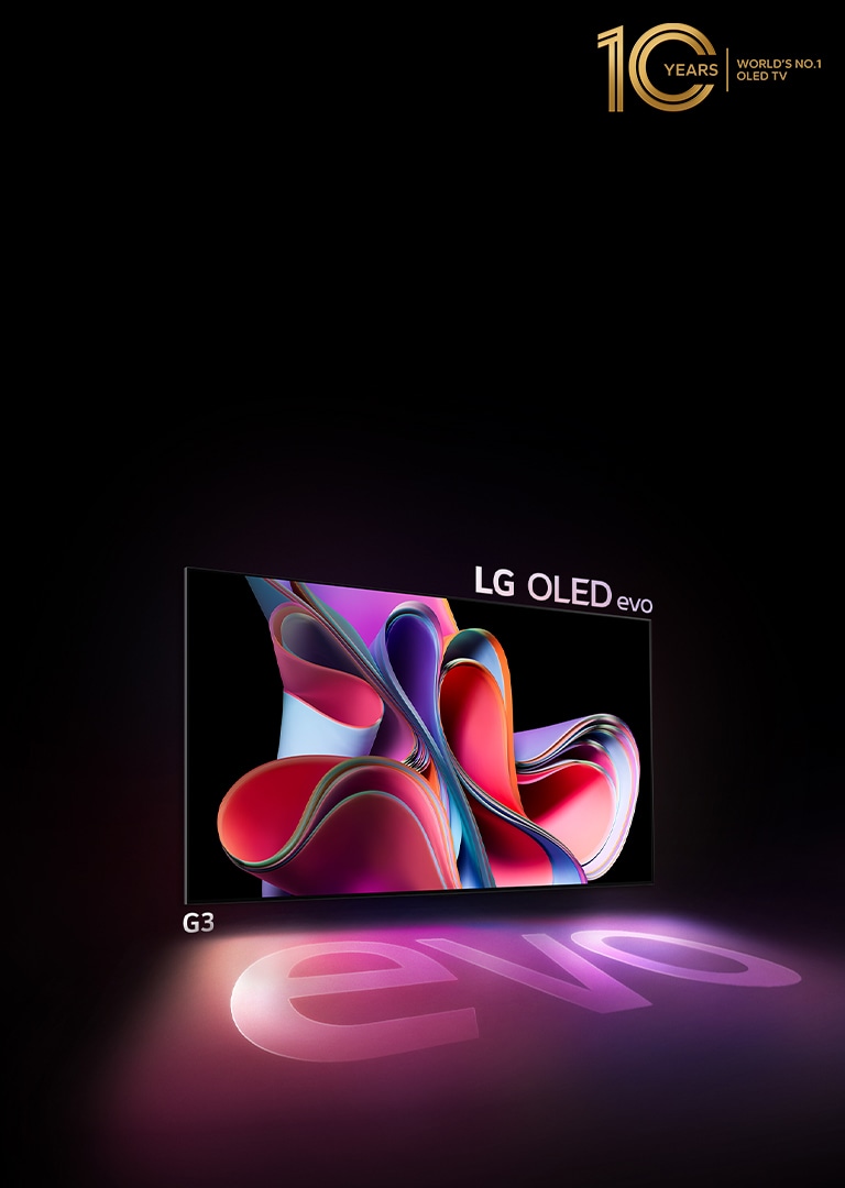 LG OLED G3 evo loistaa kirkkaasti pimeässä huoneessa. Ylhäällä oikealla on logo, joka juhlistaa OLEDin 10-vuotisjuhlaa.