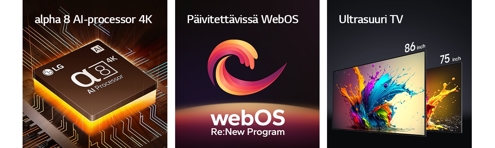 The alpha 8 AI Processor 4K is shown with orange light emanating from underneath. LG QNED89, QNED90 and QNED99 TVs are shown in order from left to right. Each TV shows a colorful splash and the words "Ultra Big TV" are shown above the TVs.