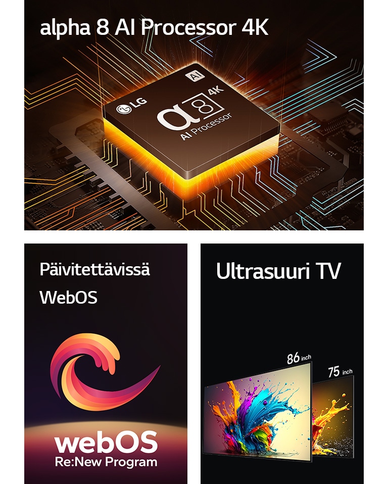 The alpha 8 AI Processor 4K is shown with orange light emanating from underneath. LG QNED89, QNED90 and QNED99 TVs are shown in order from left to right. Each TV shows a colorful splash and the words "Ultra Big TV" are shown above the TVs.
