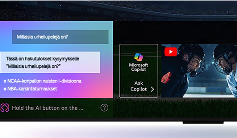 Lähikuva LG QNED TV:n näytöstä, jossa näkyy, miten AI Search toimii. Pienessä chat-ikkunassa näkyy, kuinka käyttäjä on kysynyt, mitä urheilupelejä on saatavilla. AI Search on vastannut chatissa ja näyttämällä saatavilla olevan sisällön pikkukuvia. On myös kehote kysyä Microsoft Copilotilta. 