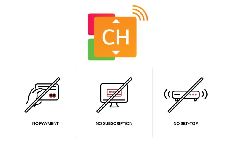Kolme eri kuvaketta osoittaa, että LG Channels -kanavia voidaan käyttää ilman tilausta, maksua tai erillistä sovitinta.
