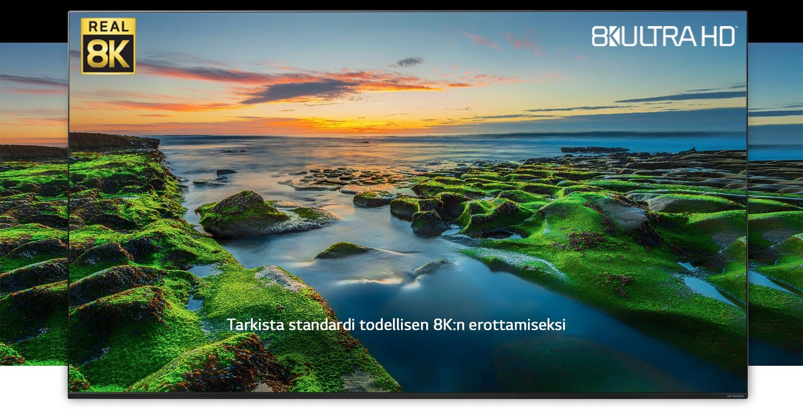 Tv-ruutu, jolla näkyy laaja luontomaisema sekä Real 8K- ja CTA-logot