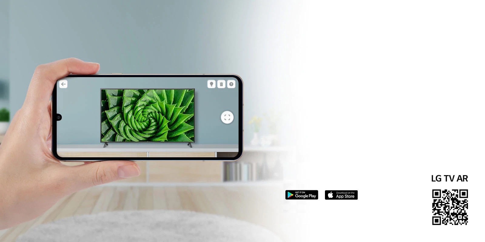 Henkilö käyttää LG:n TV AR -sovellusta puhelimella, sekä QR-koodi, joka johtaa LG TV AR:ään. (http://www.lgtvism.com/lgtvar)