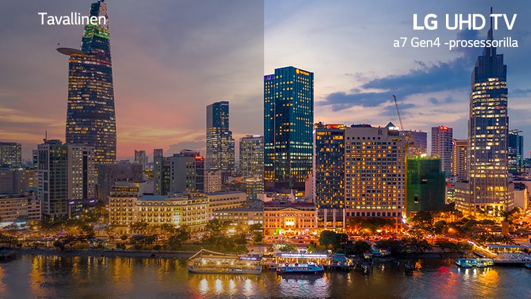 Yökaupungin kuva on jaettu vertailun vuoksi kahteen osaan: vasemmalla perinteinen ja oikealla LG UHD TV a7 Gen4 -prosessorilla.