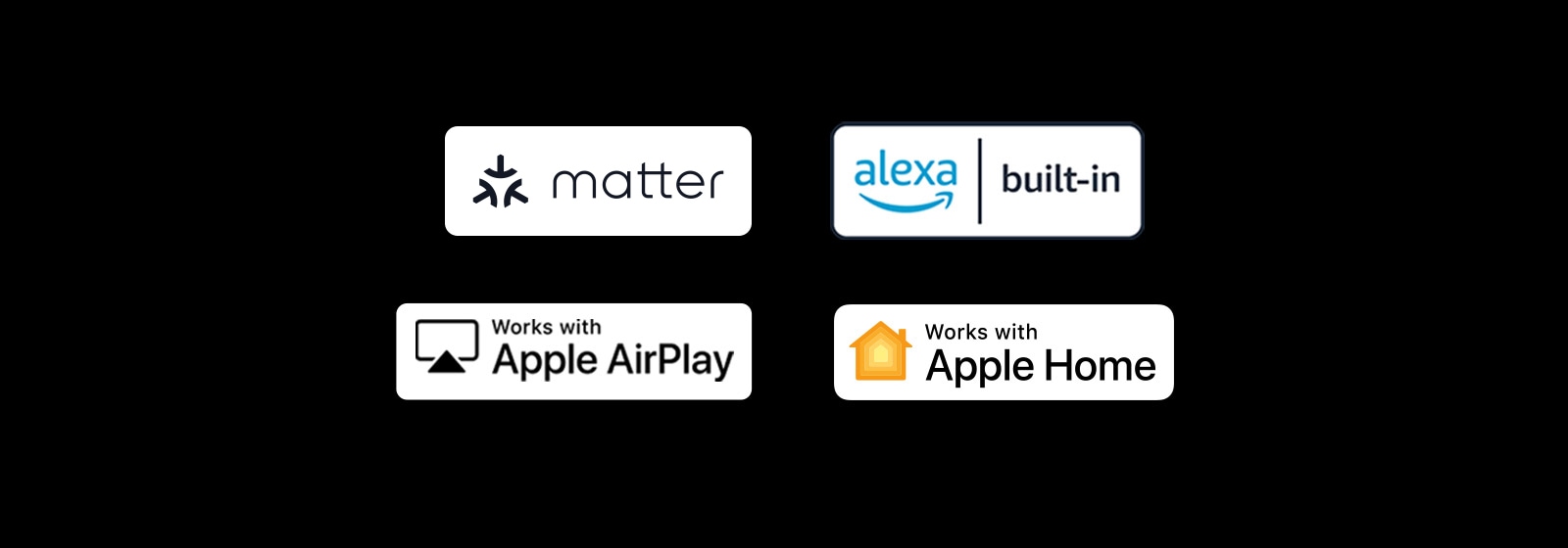 Alexa sisäänrakennettuna -logo Apple AirPlay -yhteensopivuuden logo Apple Home -yhteensopivuuden logo Matter-yhteensopivuuden logo