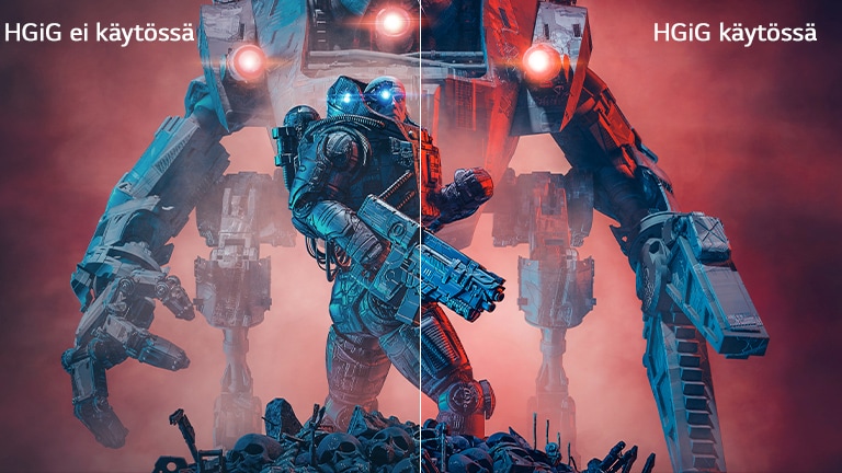 Kuva, jossa kuvan vasen puolisko on ilman HGiG:tä, kun taas oikeassa puoliskossa näkyy HGiG-toiminnon vaikutus kontrastin näyttämiseksi.