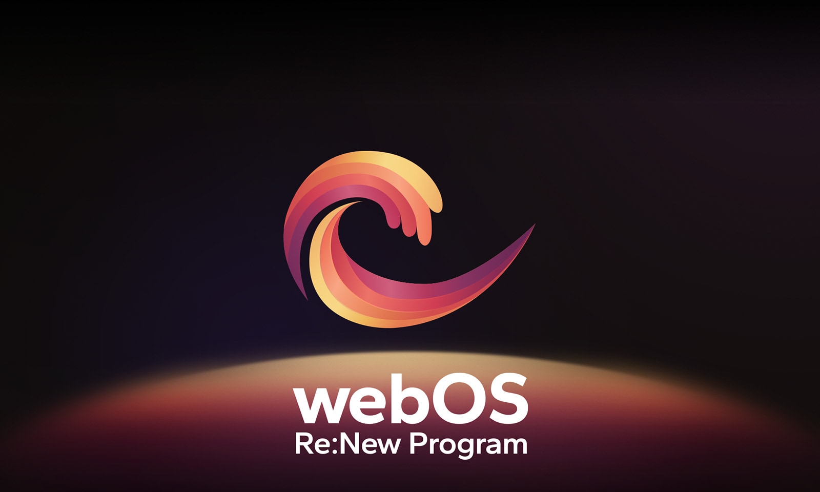 webOS Re:New Program -logo on mustalla taustalla, ja sen alareunassa on keltaisen oranssin violetti pyöreä pallo.