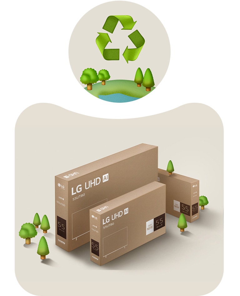 LG UHD -pakkaus beigeä taustaa vasten, jossa on piirrettyjä puita.