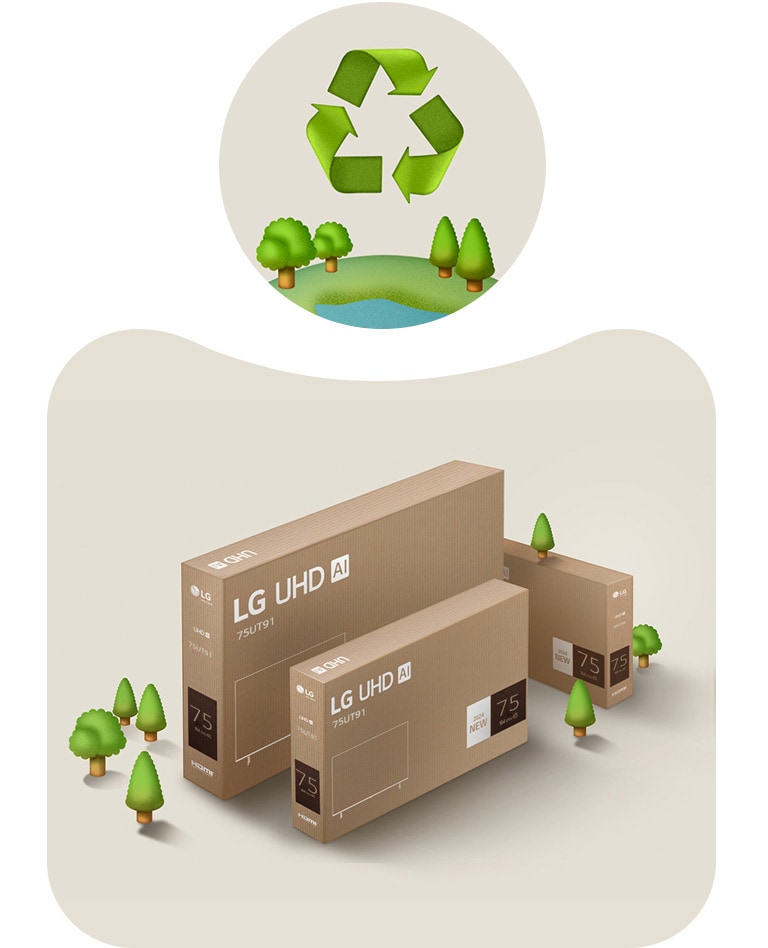 LG UHD -pakkaus beigeä taustaa vasten, jossa on piirrettyjä puita.