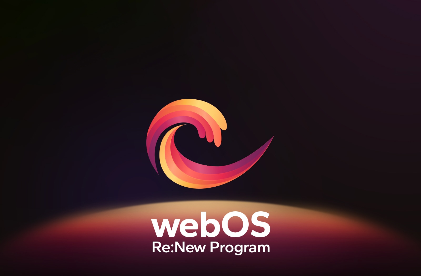 webOS Re:New Program -logo on mustalla taustalla, ja sen alareunassa on keltaisen oranssin violetti pyöreä pallo. 