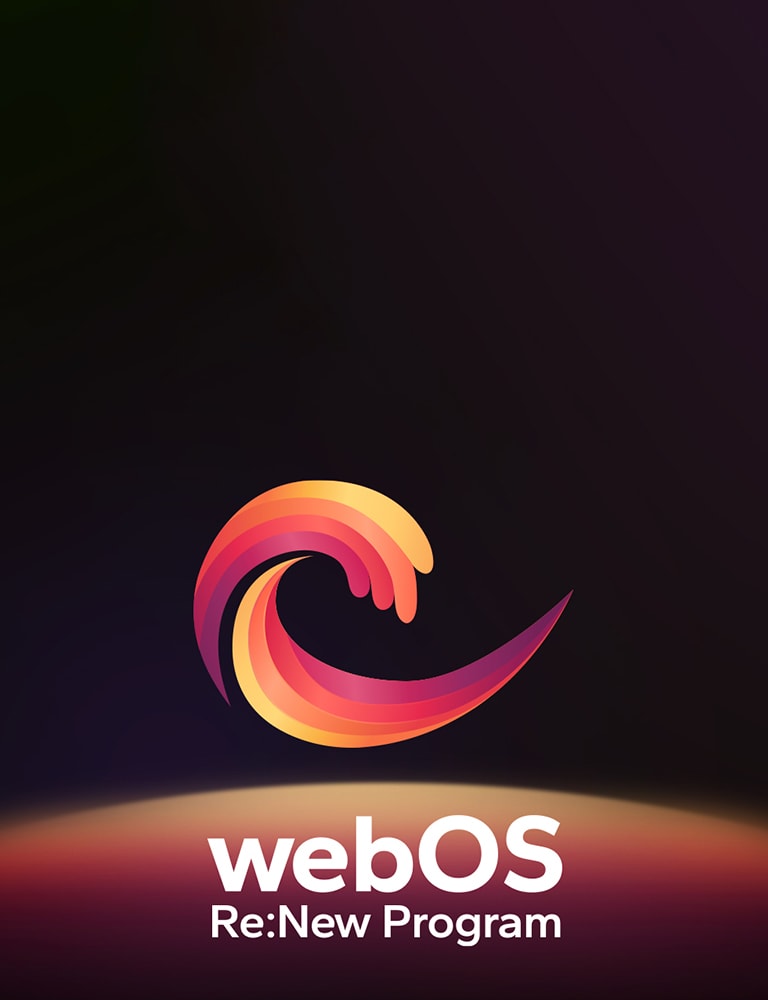 webOS Re:New Program -logo on mustalla taustalla, ja sen alareunassa on keltaisen oranssin violetti pyöreä pallo. 