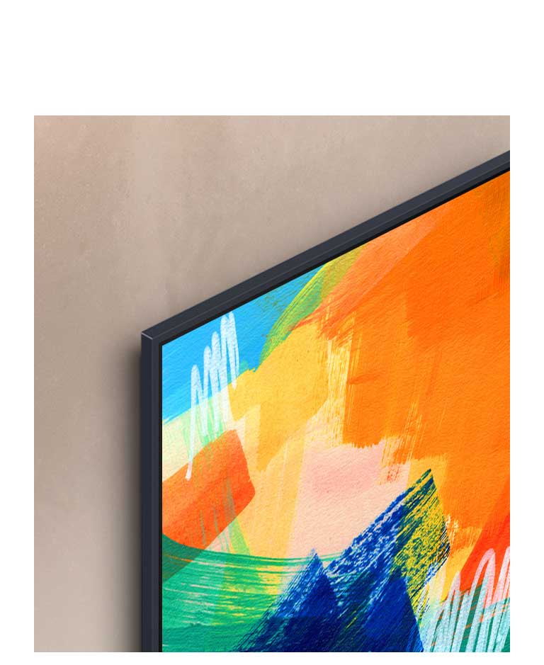 LG-television vasen yläkulma, jossa näkyy värikäs taideteos. Televisio on asennettu seinään ilman, että niiden välillä näkyy aukkoa.