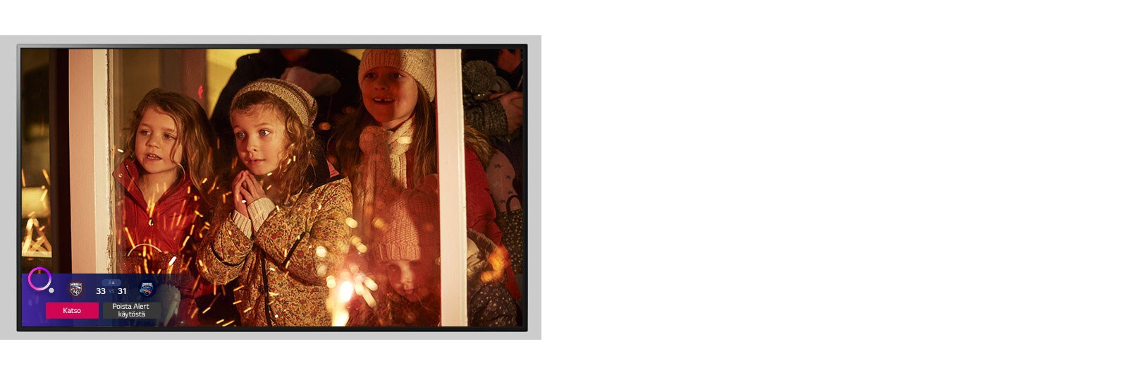 TV:n kuvaruutu, jossa näkyy kohtaus jouluelokuvasta sekä Sports Alert -ilmoitus
