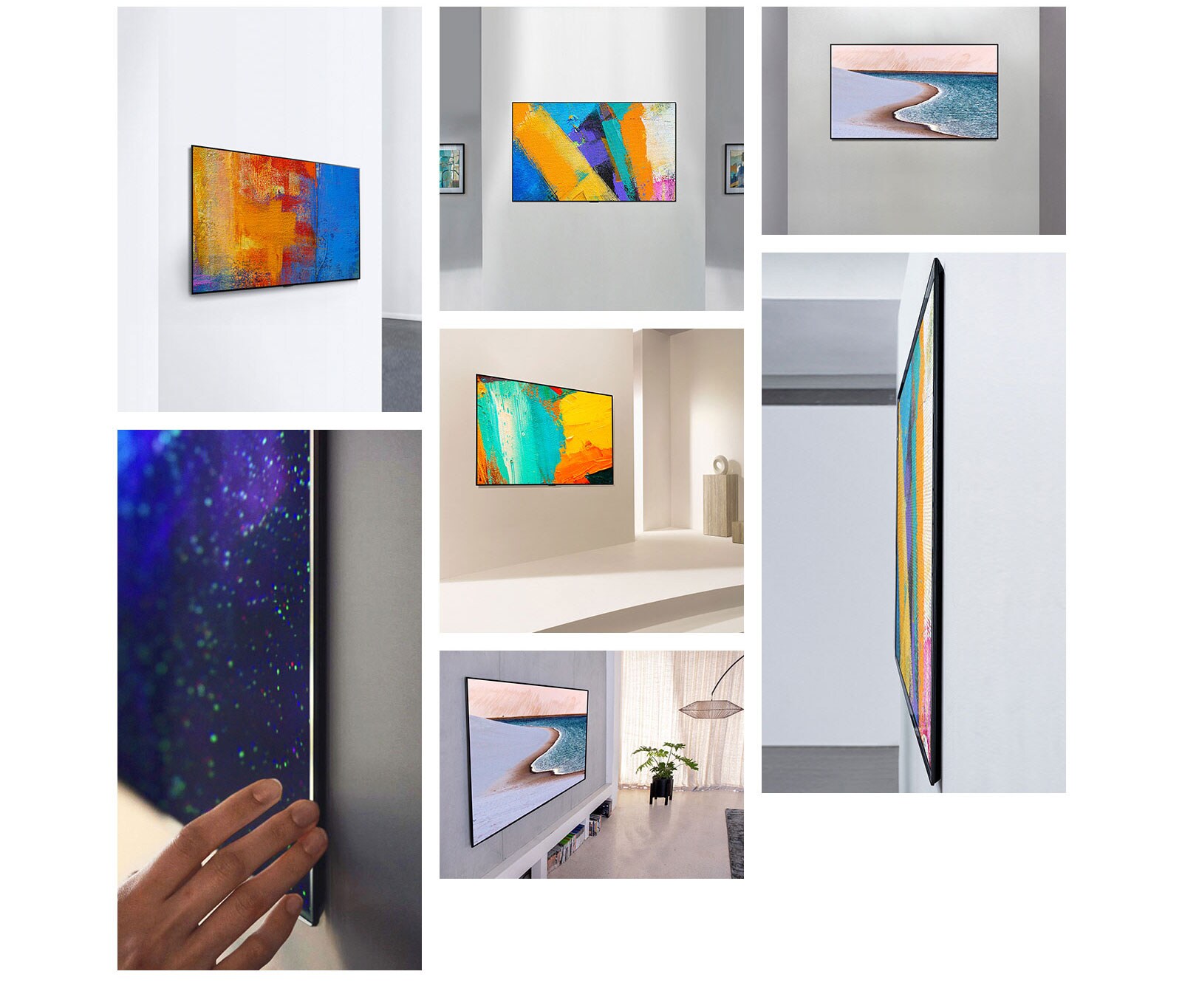 A side view of LG Gallery Design TV that aesthetically pops out from the wall, like an artwork. A front view of LG Gallery Design TV that aesthetically pops out from the wall, like an artwork. A front view of LG Gallery Design TV that harmonizes well with the wall, displaying an image of a beachside. A close-up side view of LG gallery design TV that harmonizes well with the wall, displaying an image of the galaxy. A side view of LG Gallery Design TV that harmonizes well with the wall, displaying an artwork. A side view of LG Gallery Design TV that harmonizes well with the wall, displaying an artwork. A side view of LG Gallery Design TV that harmonizes well with the wall, displaying an image of a beachside.