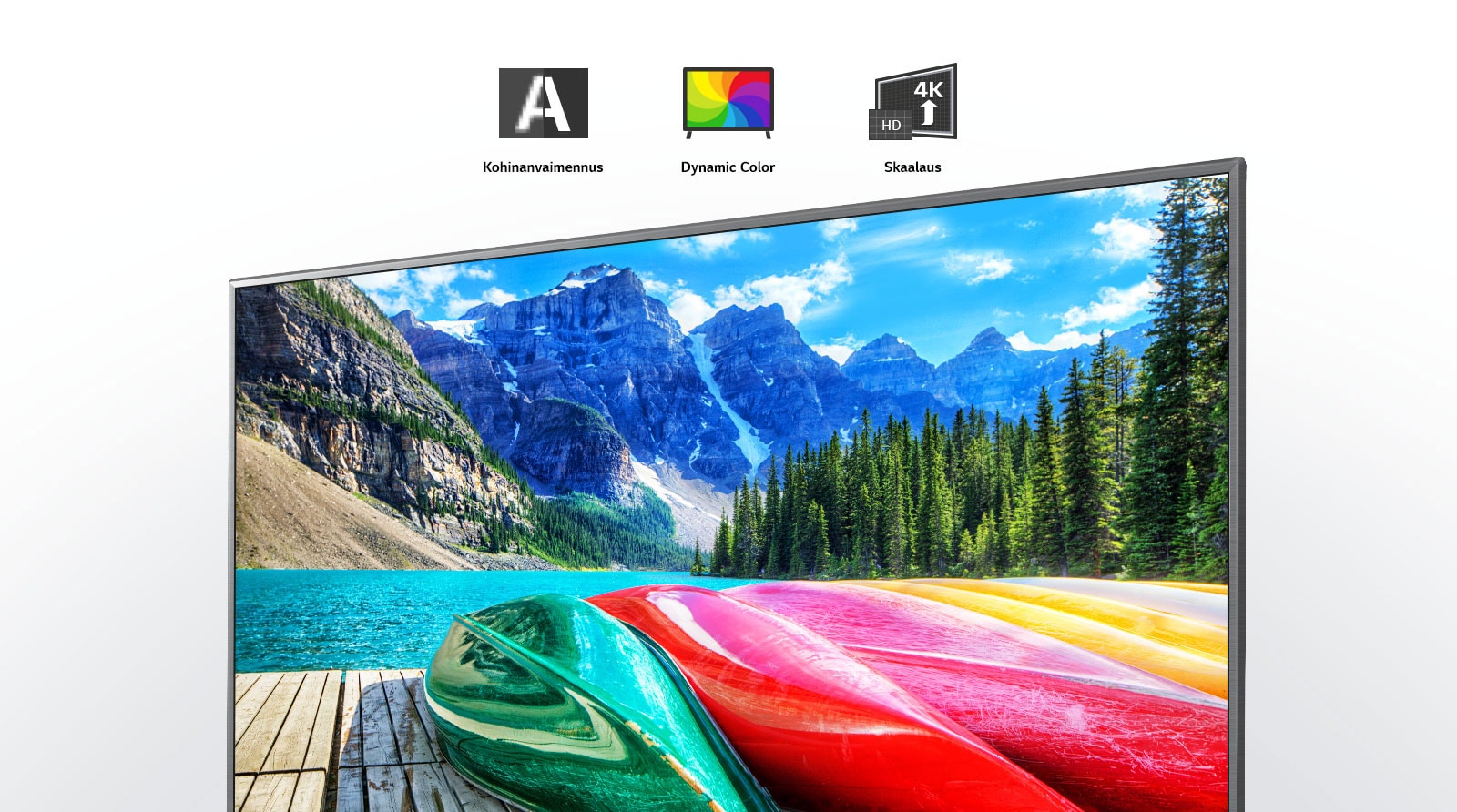 Kohinanvaimennuksen, dynaamisten värien ja skaalauksen kuvakkeet sekä TV-ruutu, jossa näkyy luonnonkaunis kuva vuorista, metsästä ja järvestä.