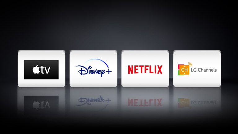 4sovellusten logotyyppiä vasemmalta oikealle: Netflix, Disney+, Apple TV+ sekä LG Channels.