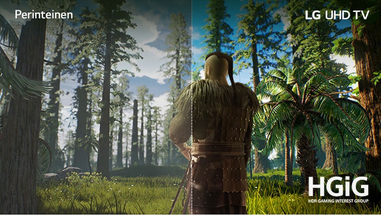 TV-ruudulla näkyy pelipaikka, jossa mies seisoo keskellä metsää. Toisella puolella näkyy perinteinen näyttö, jonka kuvanlaatu on heikko. Toisella puolella näkyy elävä, terävä LG UHD TV -kuvanlaatu.