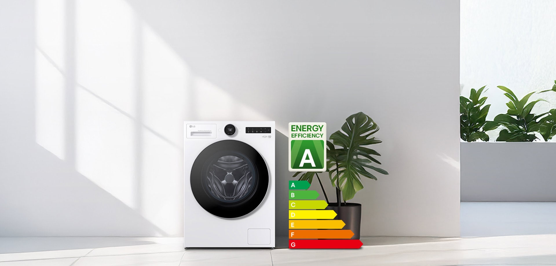 LG:n valkoinen kuivaava pesukone on valkoista seinää vasten, ja oikealla puolella on A-energiamerkintä, kaavio ja kasveja.