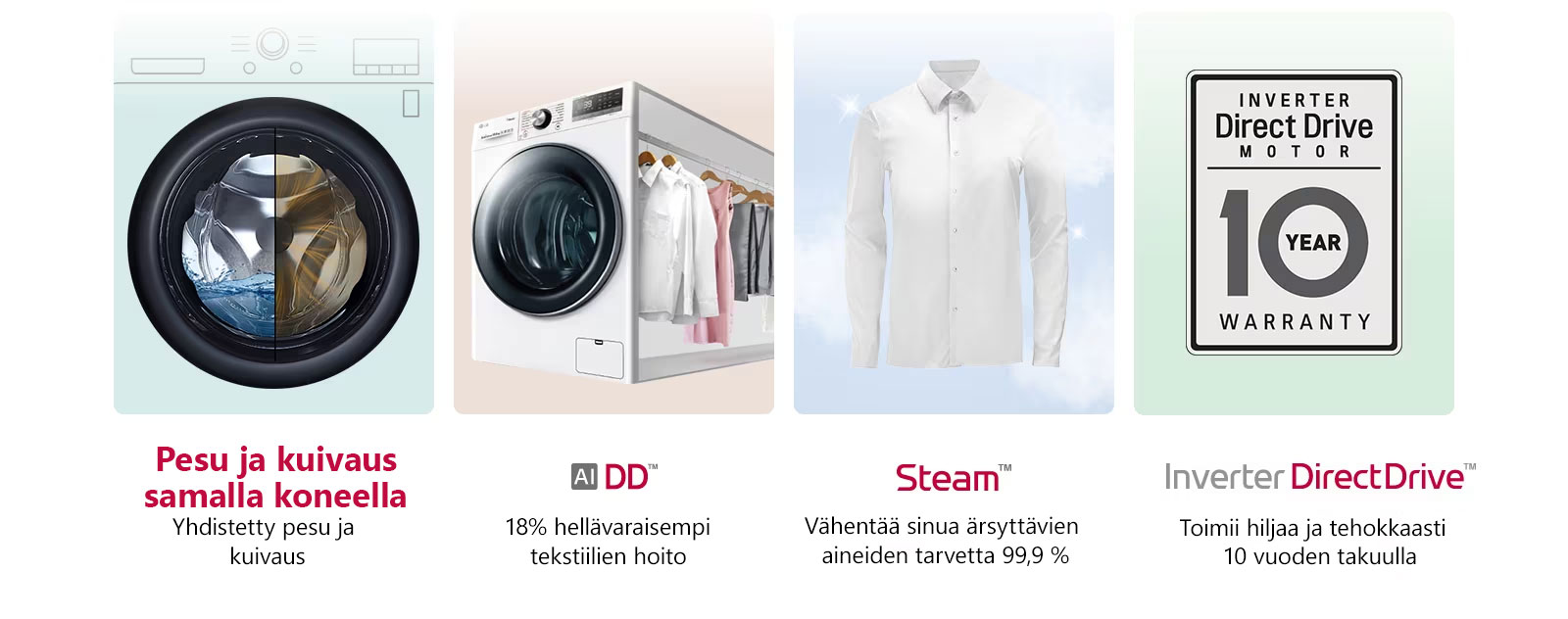 Tämä on kuva, joka tiivistää tuotteen pääominaisuudet neljään luokkaan.