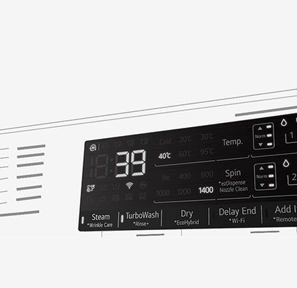 Tässä on suurennettu kuva pesukoneen käyttöpaneelista niin, että näyttö on selvästi näkyvissä.