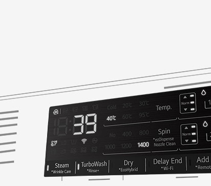 Tässä on suurennettu kuva pesukoneen käyttöpaneelista niin, että näyttö on selvästi näkyvissä.