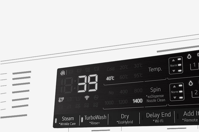 Tässä on suurennettu kuva pesukoneen käyttöpaneelista niin, että näyttö on selvästi näkyvissä.