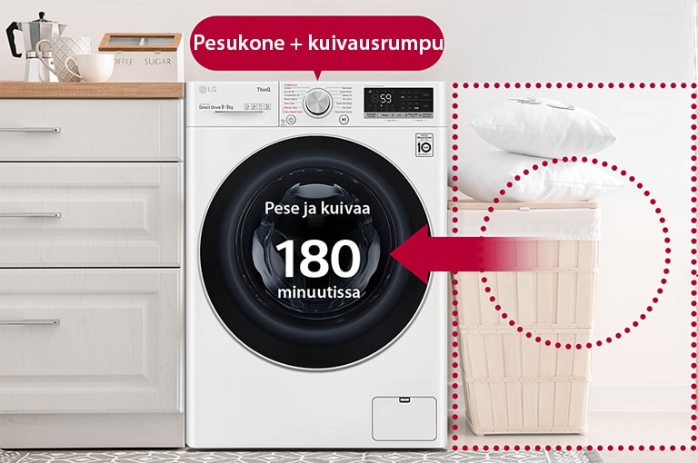Tässä on kuva yhdistetystä pesukoneesta/kuivausrummusta, joka säästää tilaa kodissa ja lyhentää pyykinpesuaikaa.