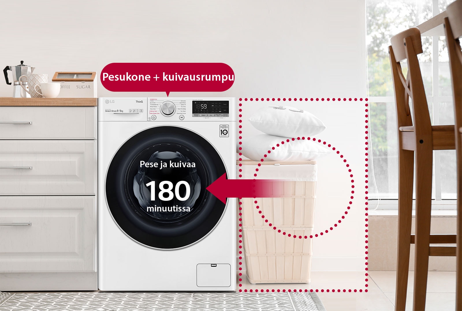 Tässä on kuva yhdistetystä pesukoneesta/kuivausrummusta, joka säästää tilaa kodissa ja lyhentää pyykinpesuaikaa.