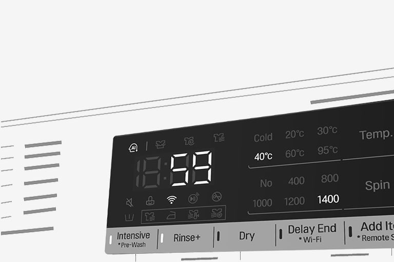 Tässä on suurennettu kuva pesukoneen käyttöpaneelista niin, että näyttö on selvästi näkyvissä.