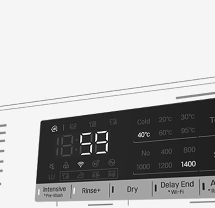 Tässä on suurennettu kuva pesukoneen käyttöpaneelista niin, että näyttö on selvästi näkyvissä.