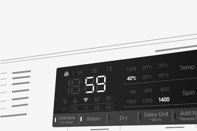 Tässä on suurennettu kuva pesukoneen käyttöpaneelista niin, että näyttö on selvästi näkyvissä.