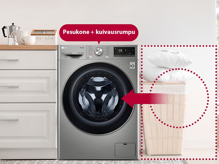 Tässä on kuva yhdistetystä pesukoneesta/kuivausrummusta, joka säästää tilaa kodissa ja lyhentää pyykinpesuaikaa.