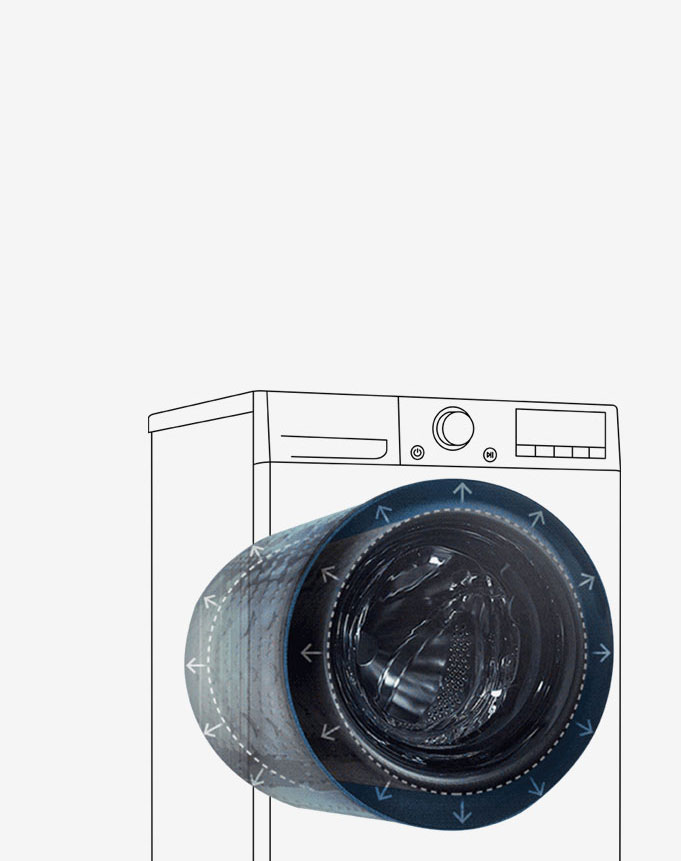 Tämä kuva selventää, että pesukoneen ulkopinta pysyy samana ja sisärumpu on suurempi.