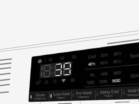 Tässä on suurennettu kuva pesukoneen käyttöpaneelista niin, että näyttö on selvästi näkyvissä.