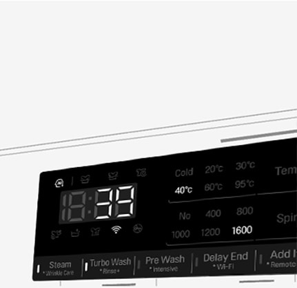 Tässä on suurennettu kuva pesukoneen käyttöpaneelista niin, että näyttö on selvästi näkyvissä.