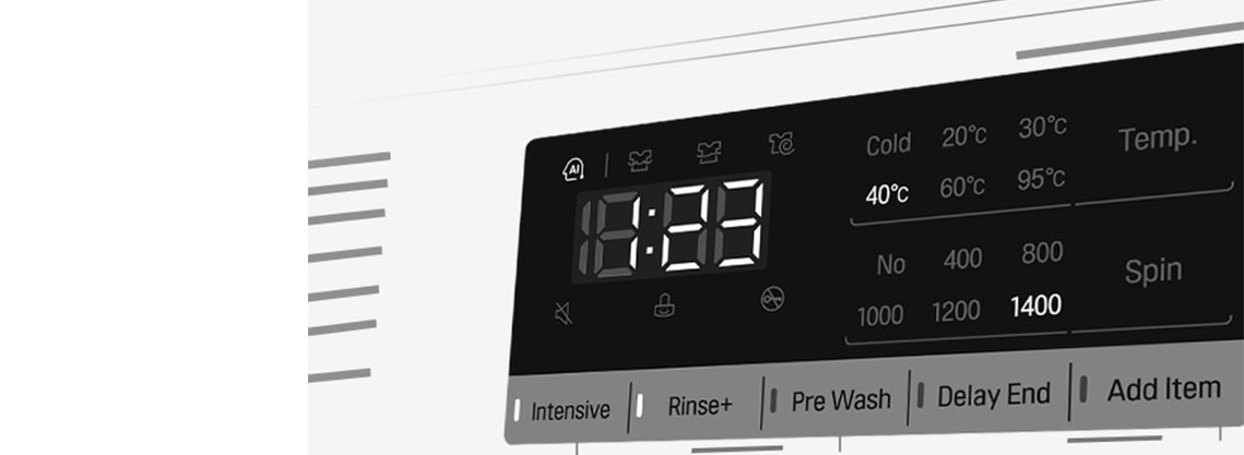 Tämä on suurennettu kuva pesukoneen paneelista, jotta näyttö näkyy selvästi.