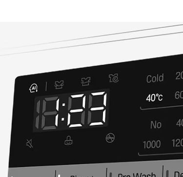 Tässä on suurennettu kuva pesukoneen käyttöpaneelista niin, että näyttö on selvästi näkyvissä.