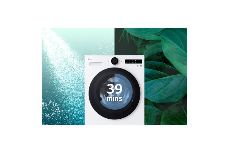 Näyttö, jossa pesukoneella on teksti 39 minuuttia, lähentää kuvaa ylhäältä ja alhaalta tulevaan pesuveteen.