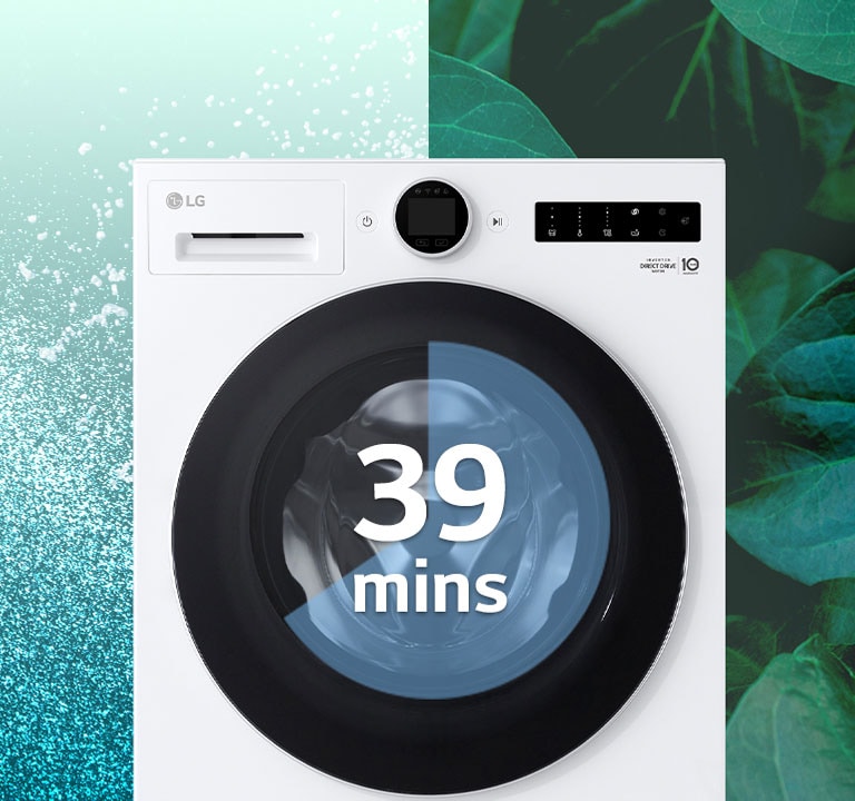 Näyttö, jossa pesukoneella on teksti 39 minuuttia, lähentää kuvaa ylhäältä ja alhaalta tulevaan pesuveteen.