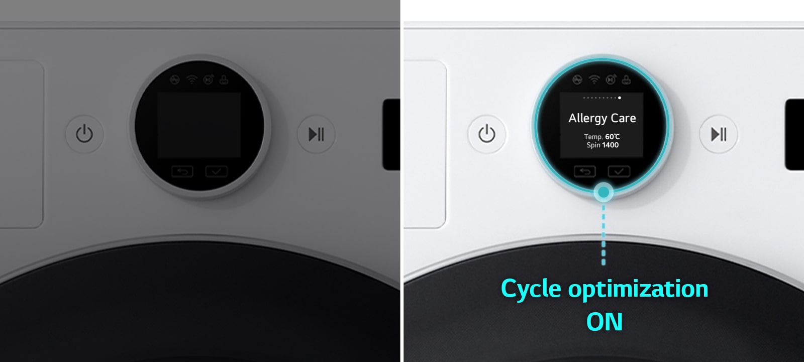 Kun ohjelman optimointitoiminto on laitettu pois päältä, virta menee päälle ja pesutoiminto-ohjelmat jatkuvat yksi kerrallaan. Kun tullaan Allergia-näytön kohdalle, ohjelman optimointi aktivoituu ja asetus otetaan automaattiesti käyttöön allergiaohjelmassa.