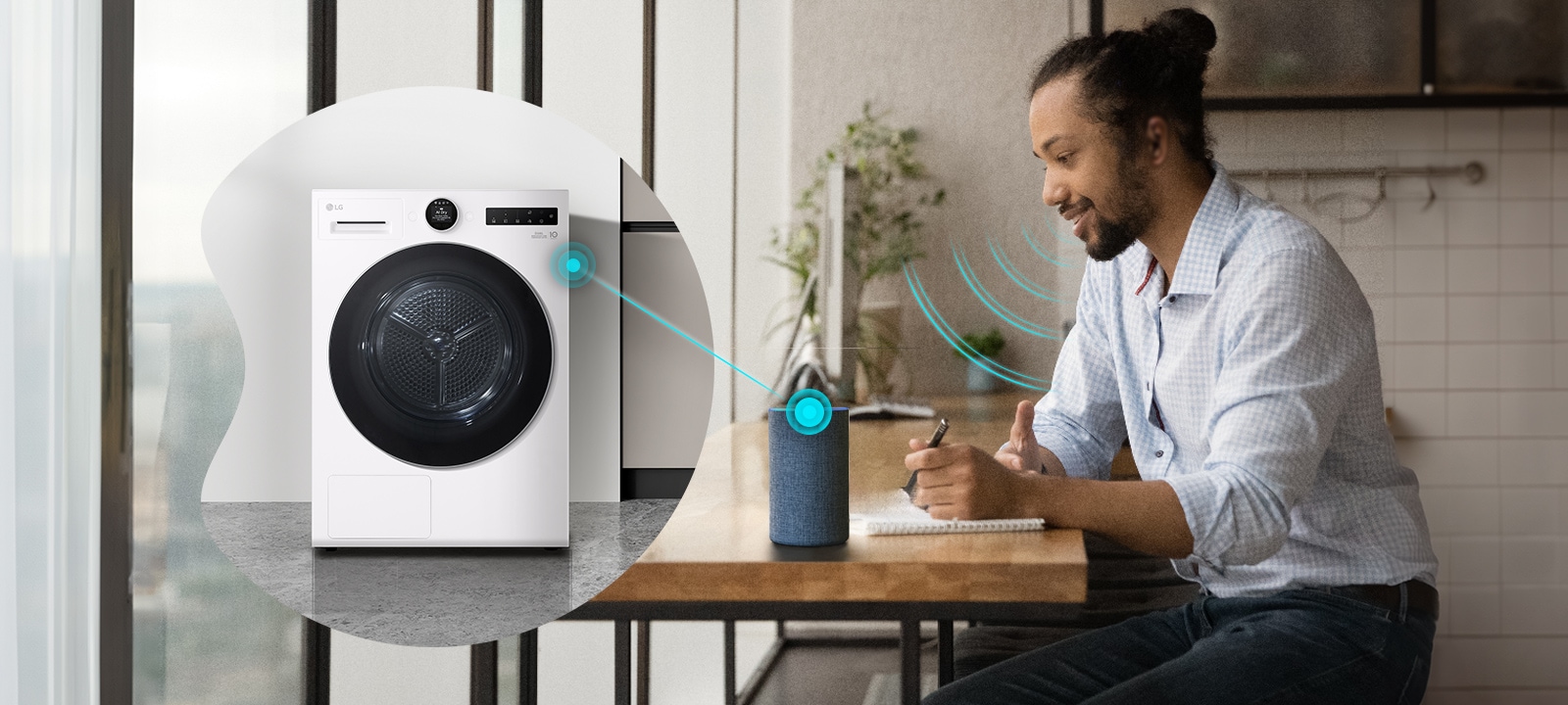Nainen ohjaa LG-kuivainta ääniavustimella.
