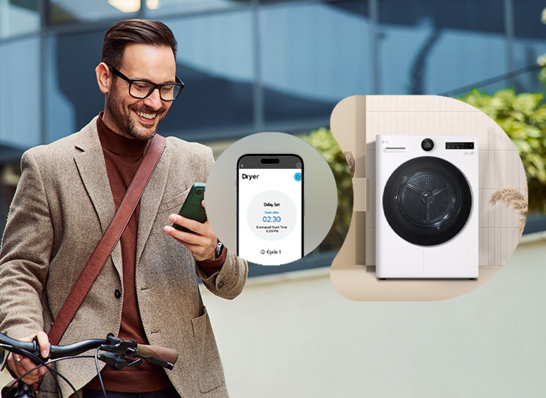 Mies ohjaa LG:n kuivausrumpua etänä LG ThinQ -sovelluksen kautta.