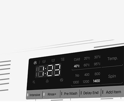 Tässä on suurennettu kuva pesukoneen käyttöpaneelista niin, että näyttö on selvästi näkyvissä.