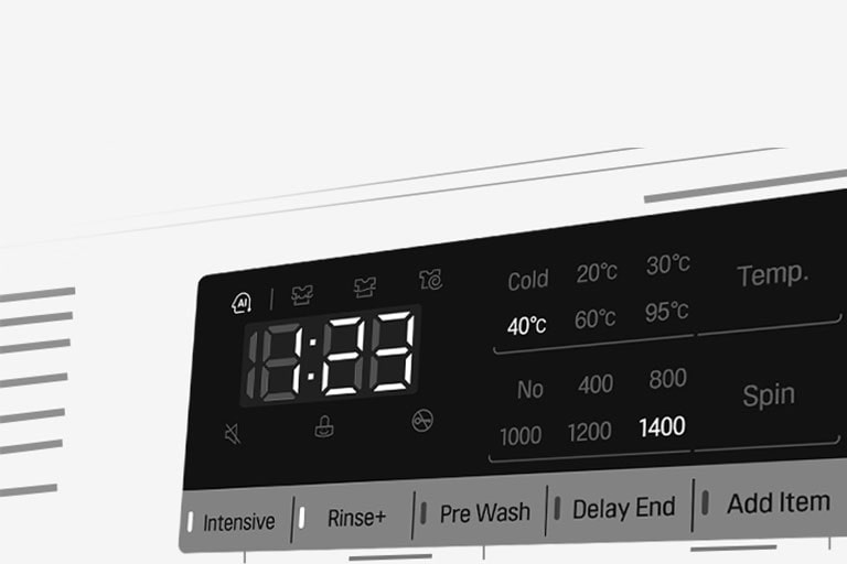 Tässä on suurennettu kuva pesukoneen käyttöpaneelista niin, että näyttö on selvästi näkyvissä.